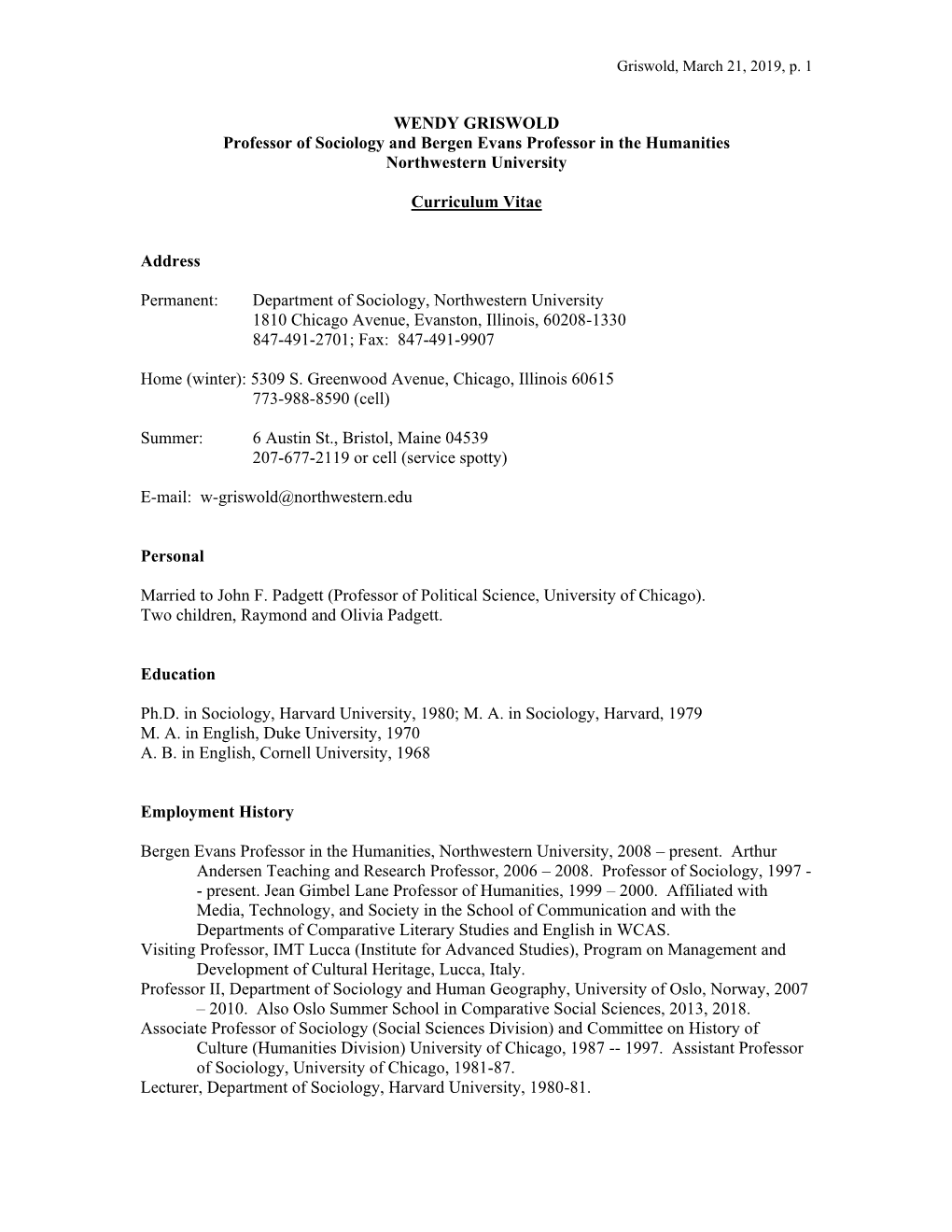 Wendy Griswold's CV