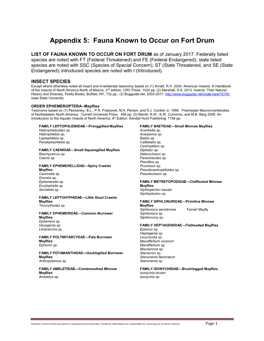 Appendix 5: Fauna Known to Occur on Fort Drum