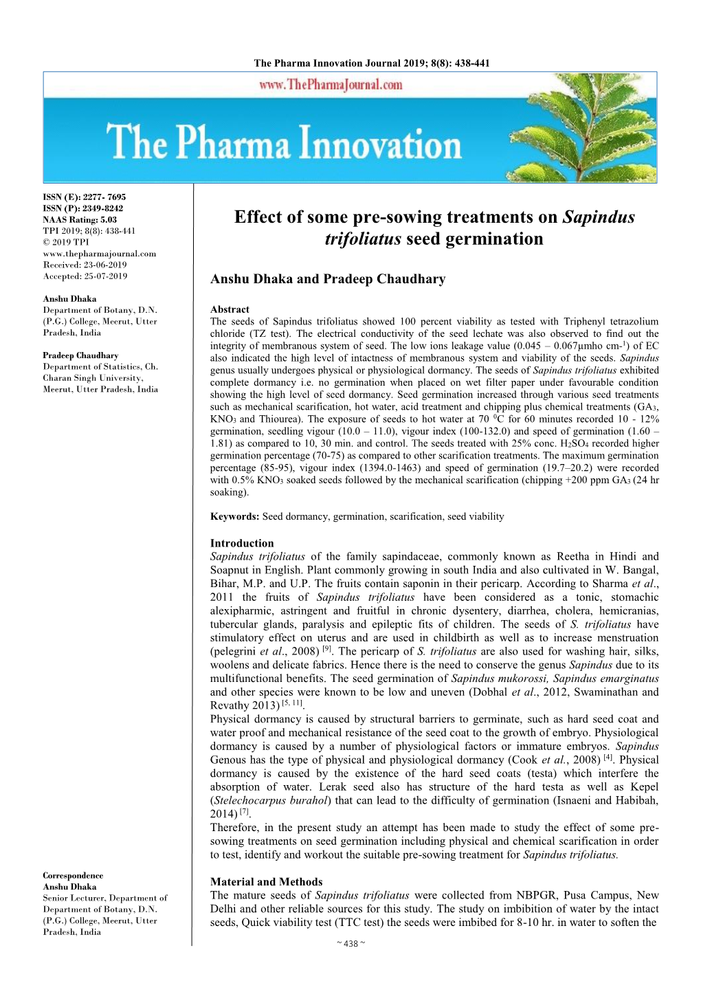 Effect of Some Pre-Sowing Treatments on Sapindus Trifoliatus Seed