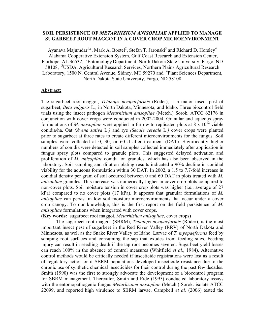 Soil Persistence of Metarhizium Anisopliae Applied to Manage Sugarbeet Root Maggot in a Cover Crop Microenvironment