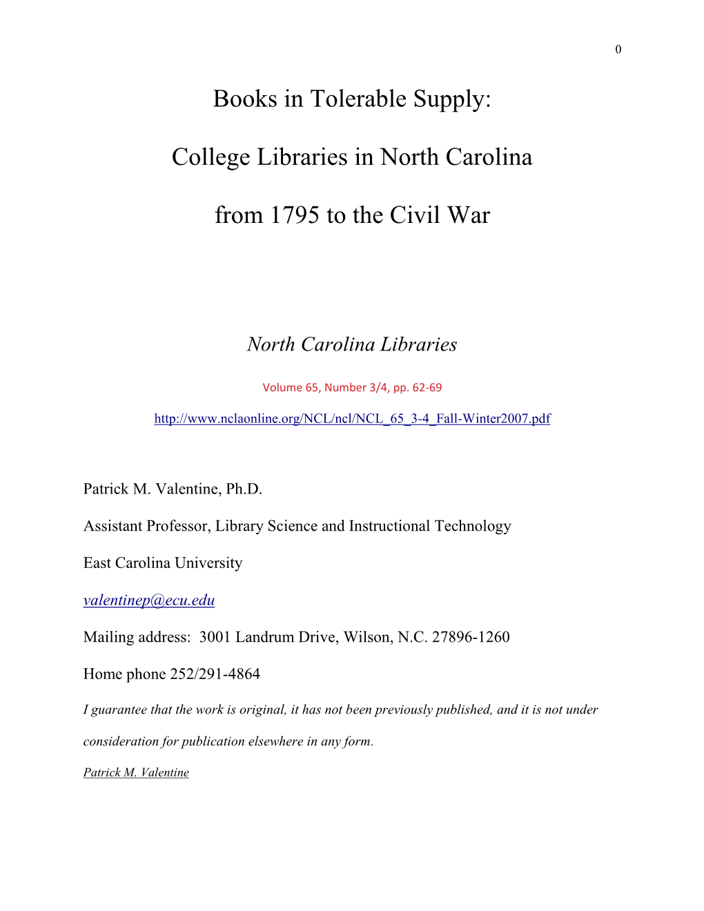 College Libraries in North Carolina from 1795 to the Civil War