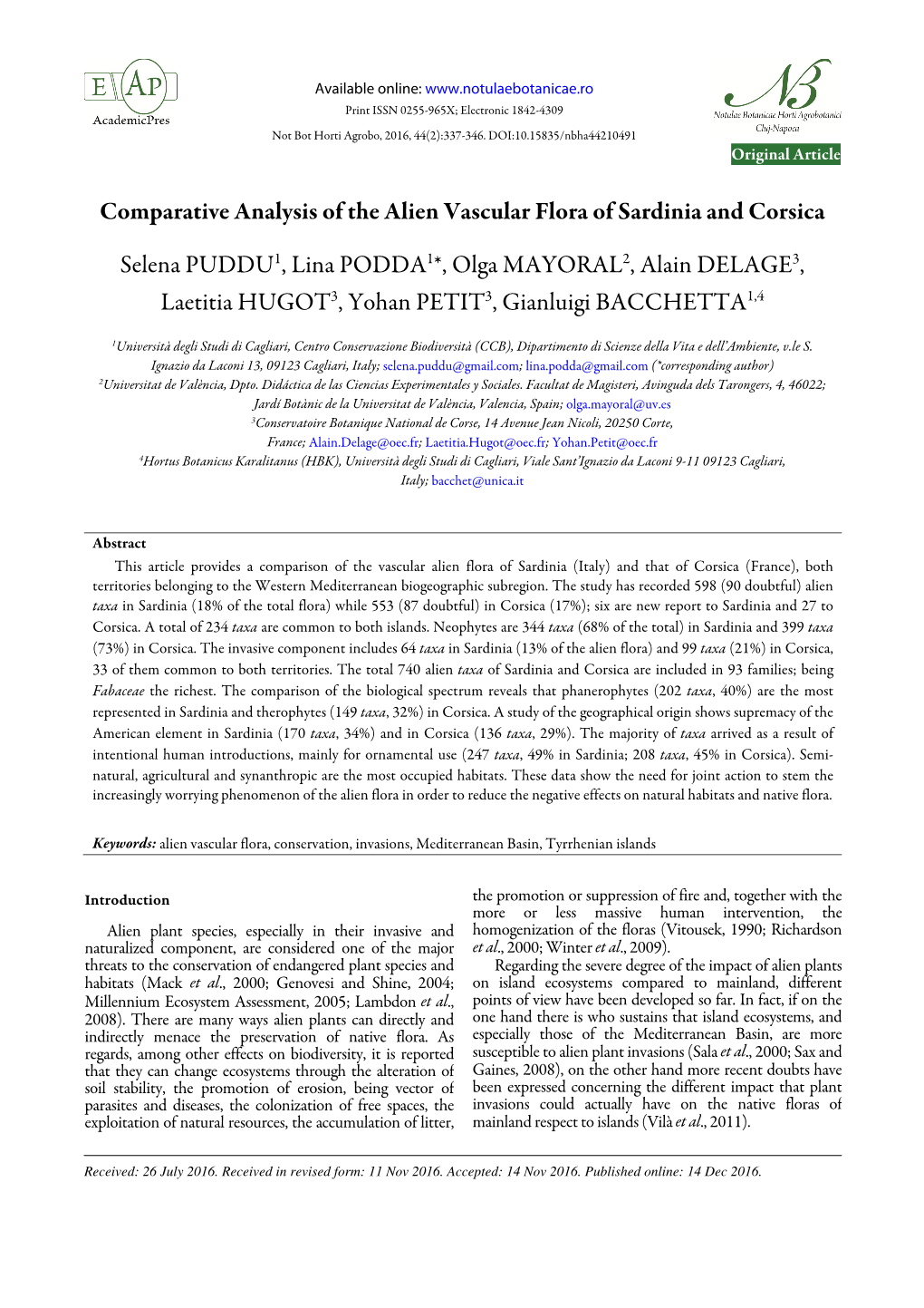 Comparative Analysis of the Alien Vascular Flora of Sardinia and Corsica