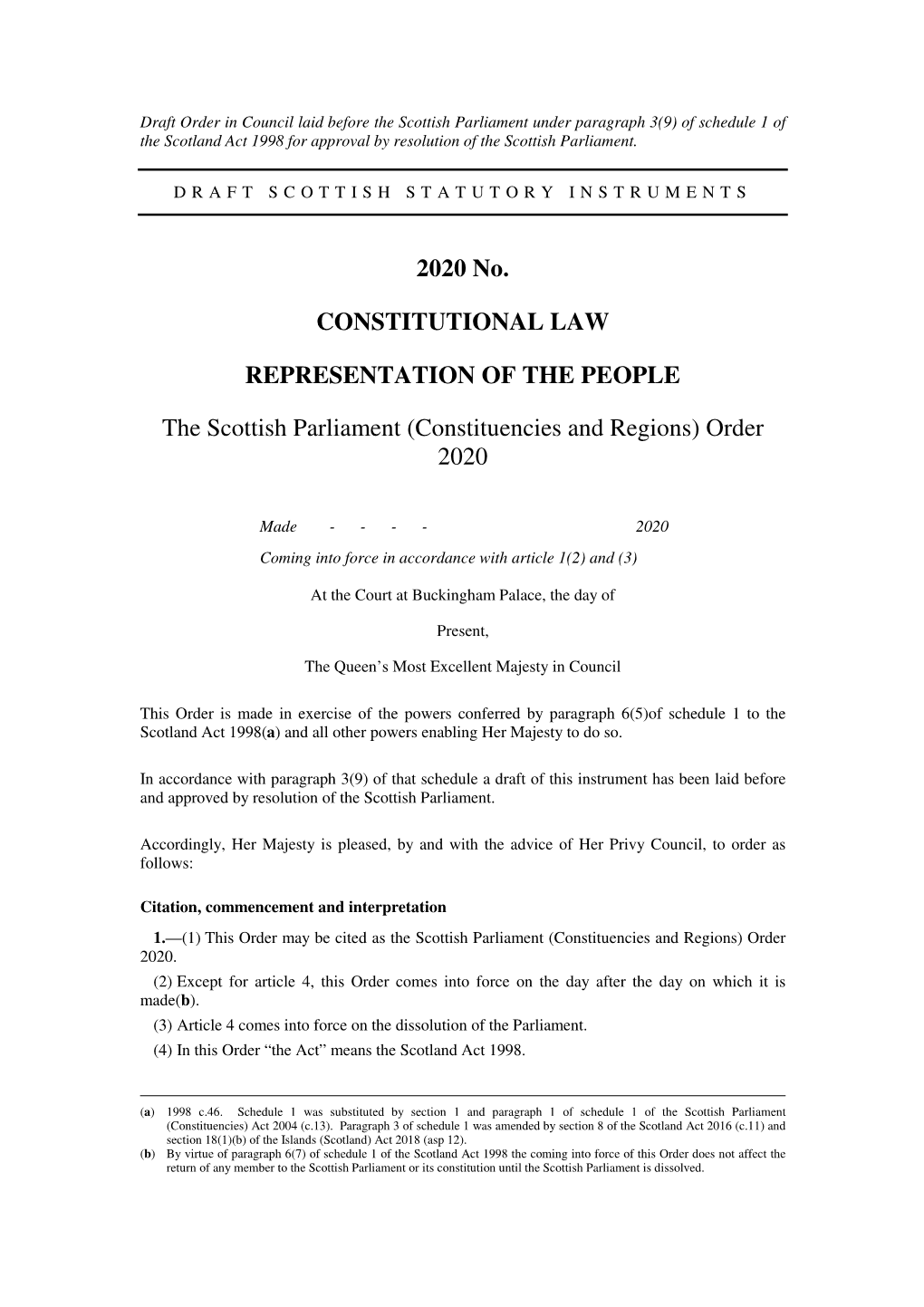 The Scottish Parliament (Constituencies and Regions) Order 2020