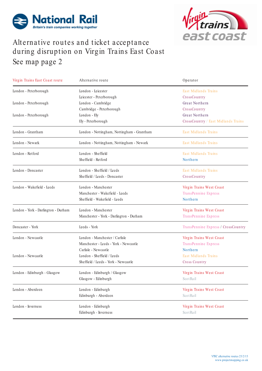 Alternative Routes and Ticket Acceptance During Disruption on Virgin Trains East Coast See Map Page 2