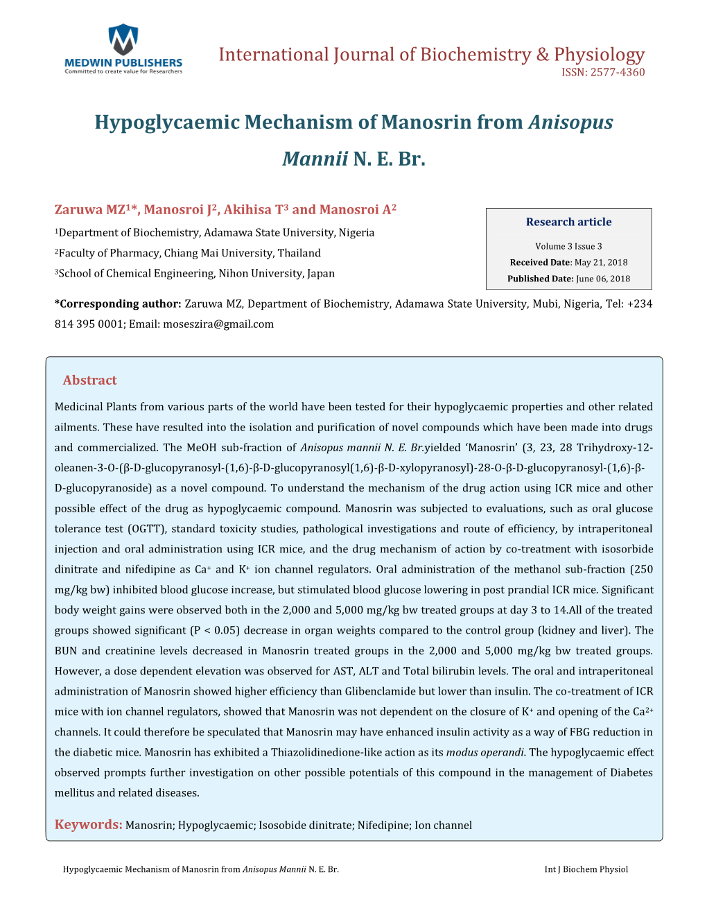 Hypoglycaemic Mechanism of Manosrin from Anisopus Mannii N