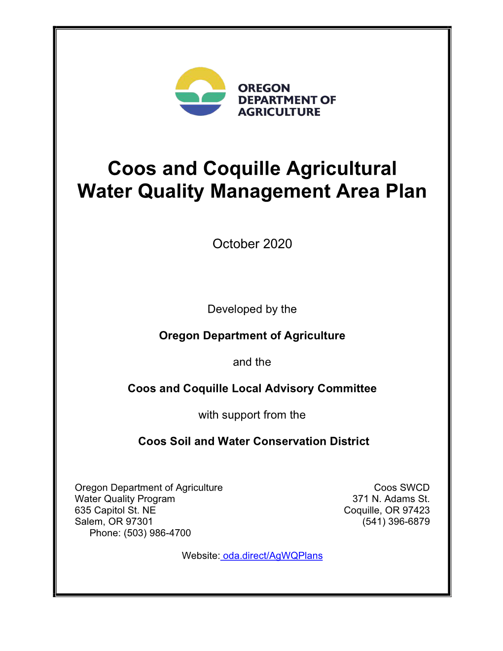Coos Coquille Agricultural Water Quality Management Area Plan