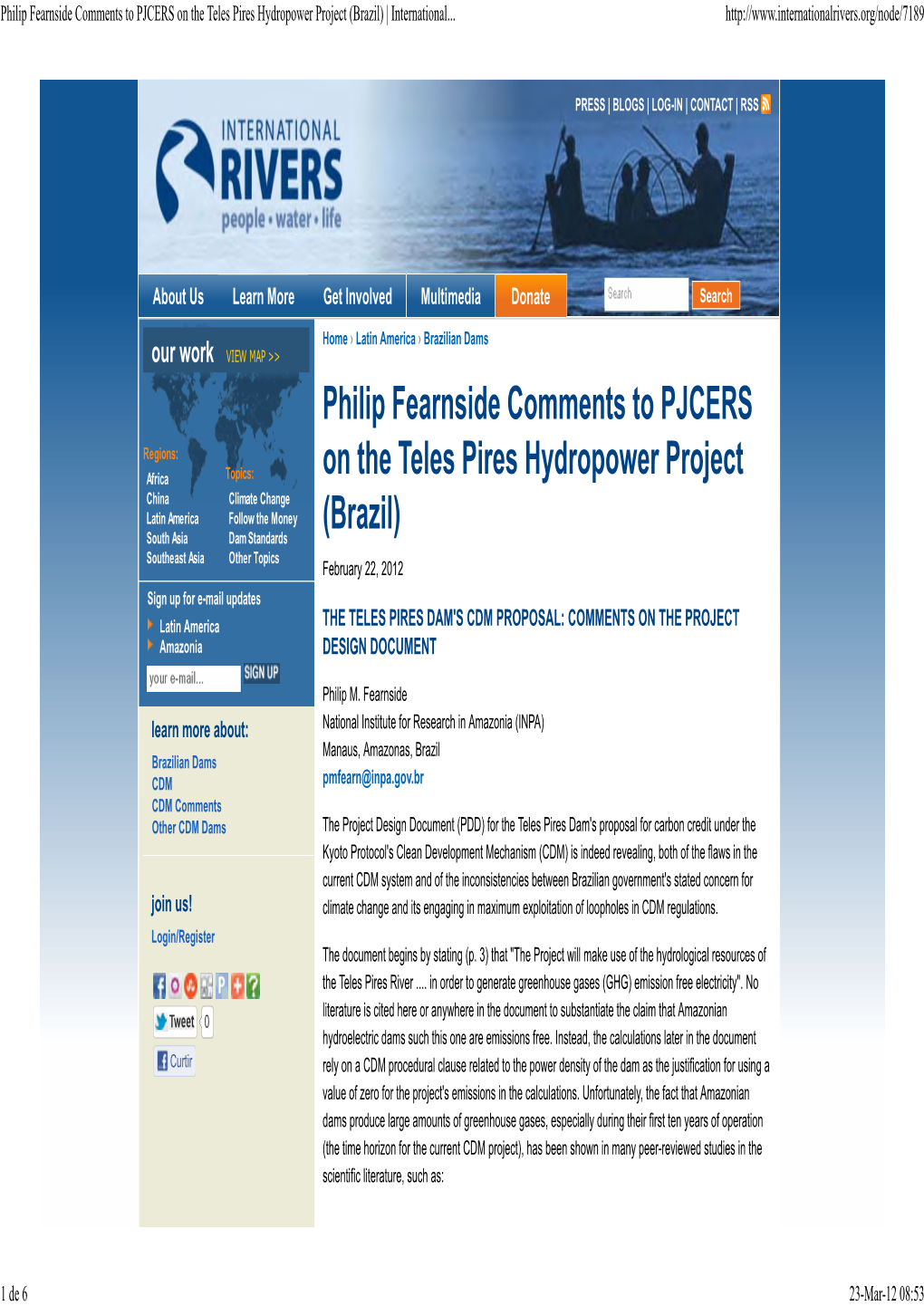 Philip Fearnside Comments to PJCERS on the Teles Pires Hydropower Project (Brazil) | International