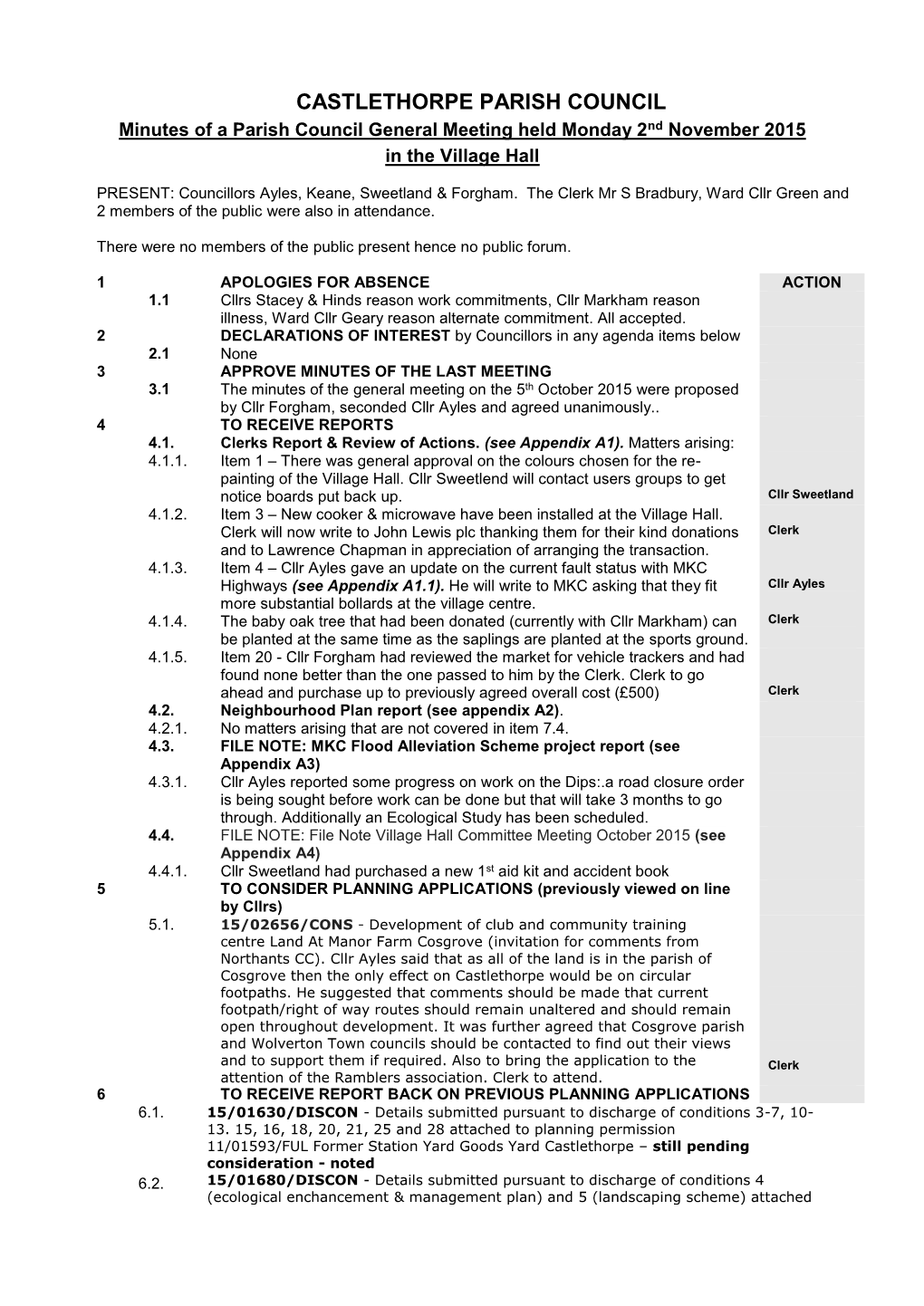 Minutes of a Parish Council General Meeting Held Monday 2Nd November 2015