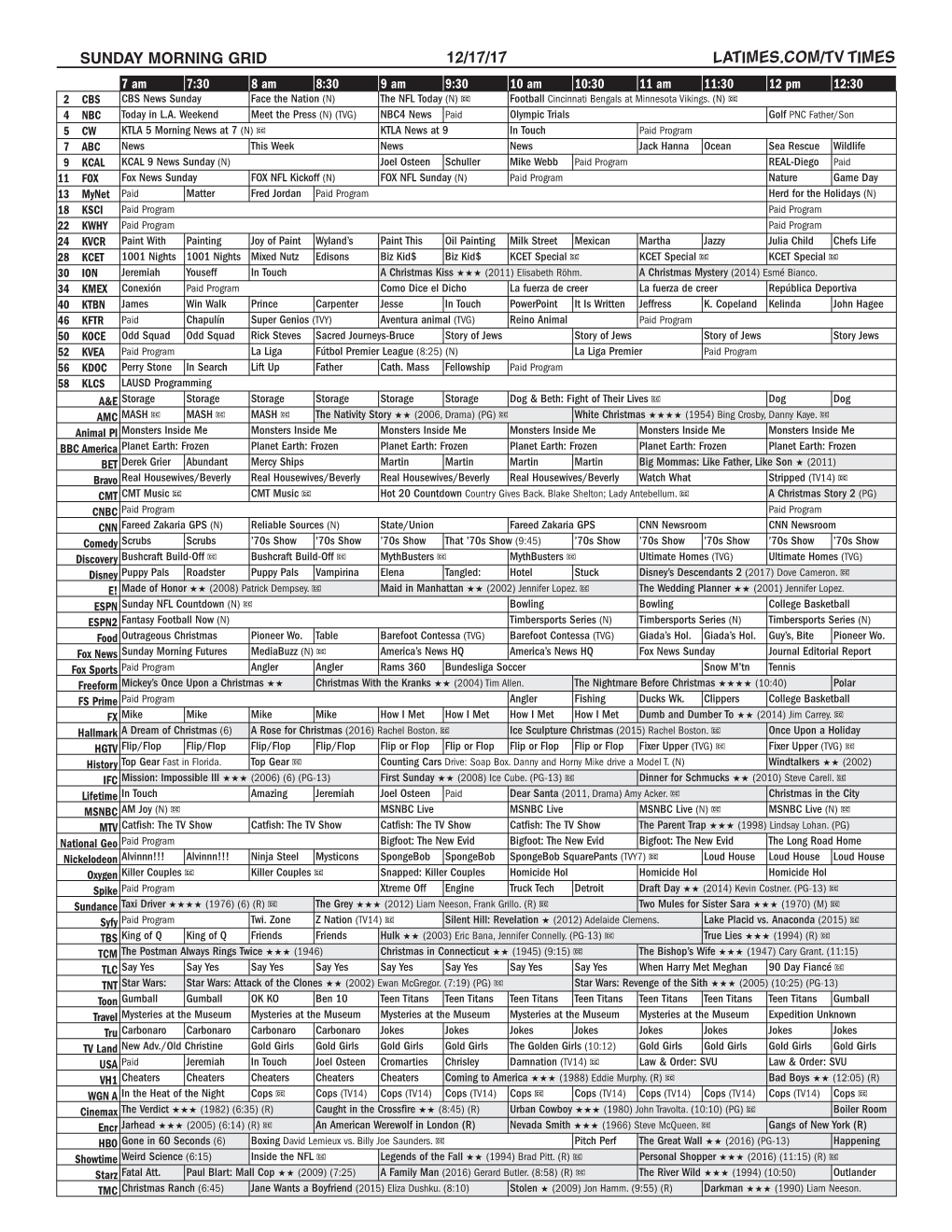 Sunday Morning Grid 12/17/17 Latimes.Com/Tv Times