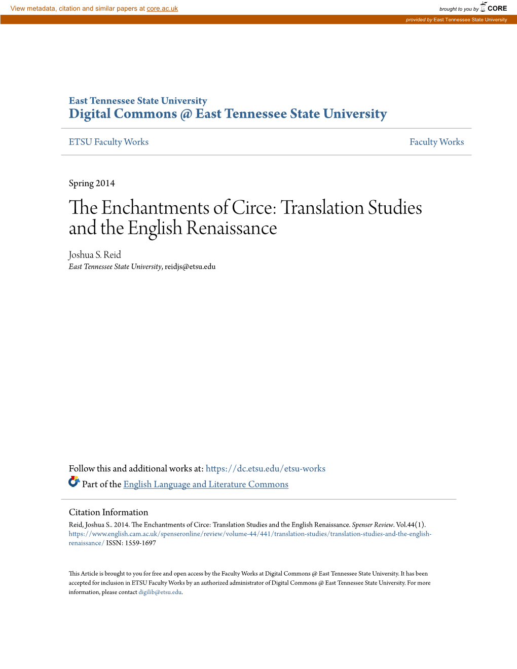 Translation Studies and the English Renaissance Joshua S