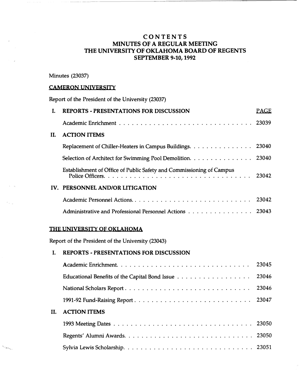 Contents Minutes of a Regular Meeting the University of Oklahoma Board of Regents September 9-10, 1992