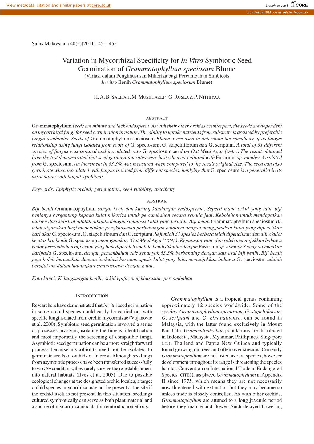 Variation in Mycorrhizal Specificity for in Vitro Symbiotic Seed