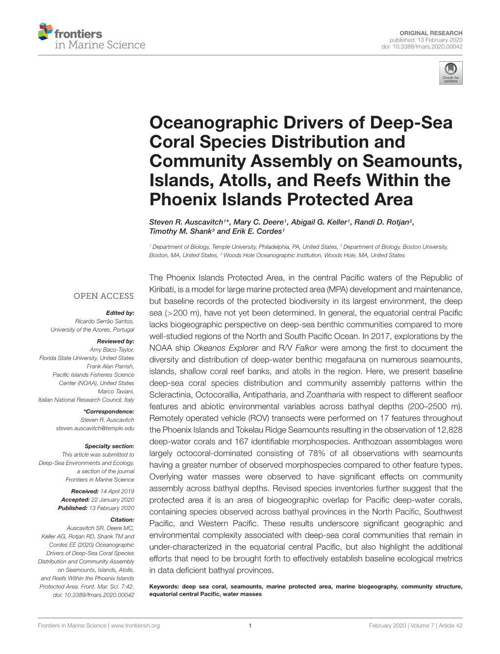 Oceanographic Drivers of Deep-Sea Coral Species Distribution and Community Assembly on Seamounts, Islands, Atolls, and Reefs Within the Phoenix Islands Protected Area
