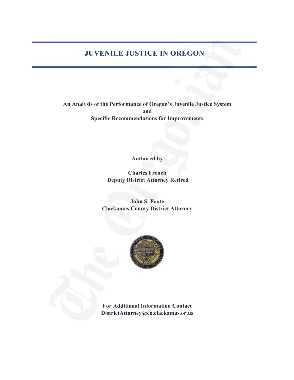An Analysis of the Performance of Oregon's Juvenile Justice System