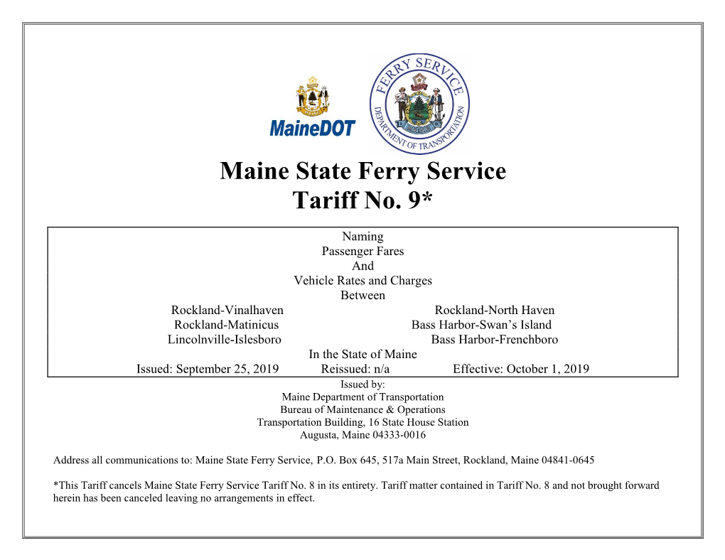 Maine State Ferry Service Tariff No. 9*