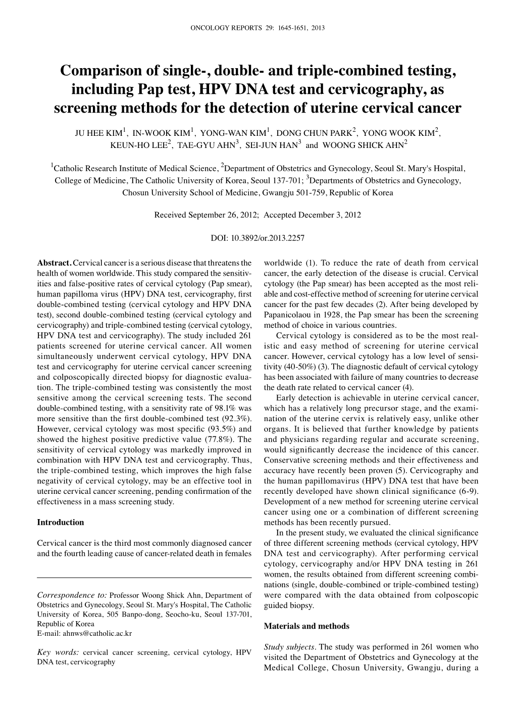 And Triple-Combined Testing, Including Pap Test, HPV DNA Test and Cervicography, As Screening Methods for the Detection of Uterine Cervical Cancer
