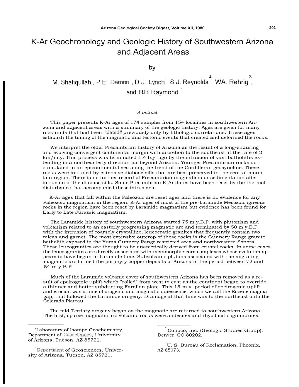 K-Ar Geochronology and Geologic History of Southwestern Arizona and Adjacent Areas