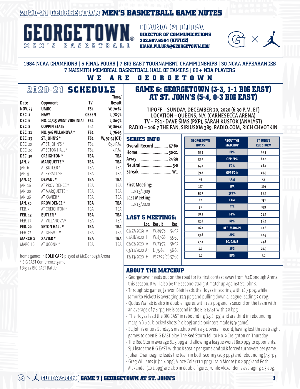 2020-21 Georgetown Men's Basketball Game Notes Patrick Ewing