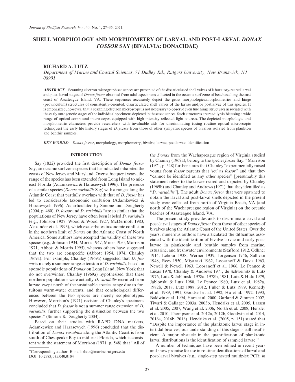 Shell Morphology and Morphometry of Larval and Post-Larval Donax Fossor Say (Bivalvia: Donacidae)