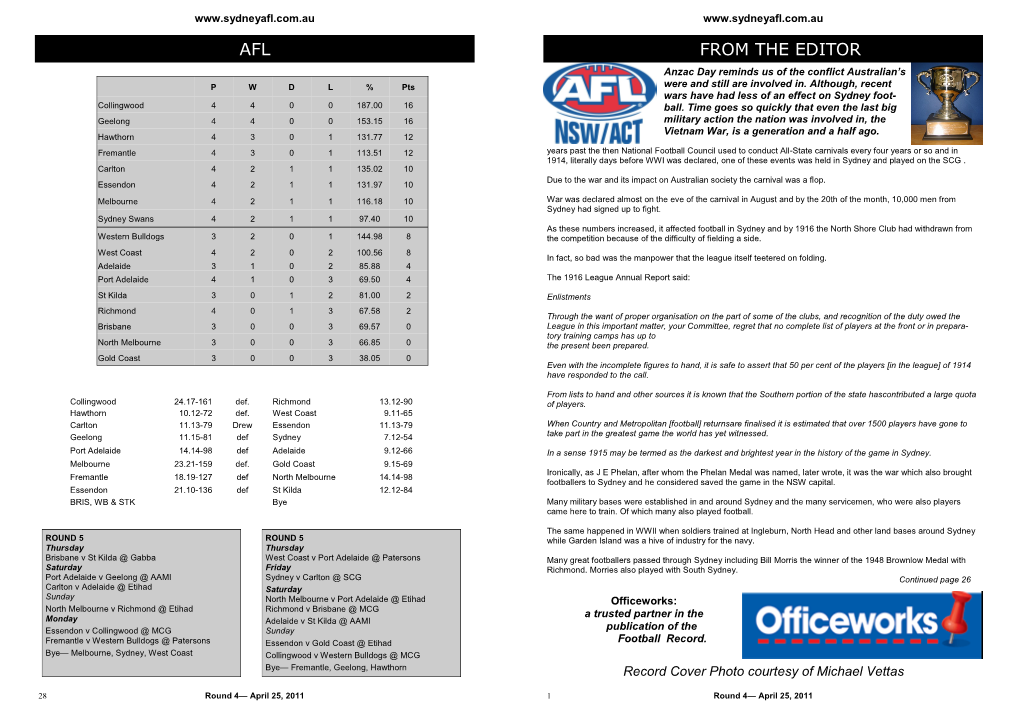 AFL from the EDITOR Anzac Day Reminds Us of the Conflict Australian’S P W D L % Pts Were and Still Are Involved In