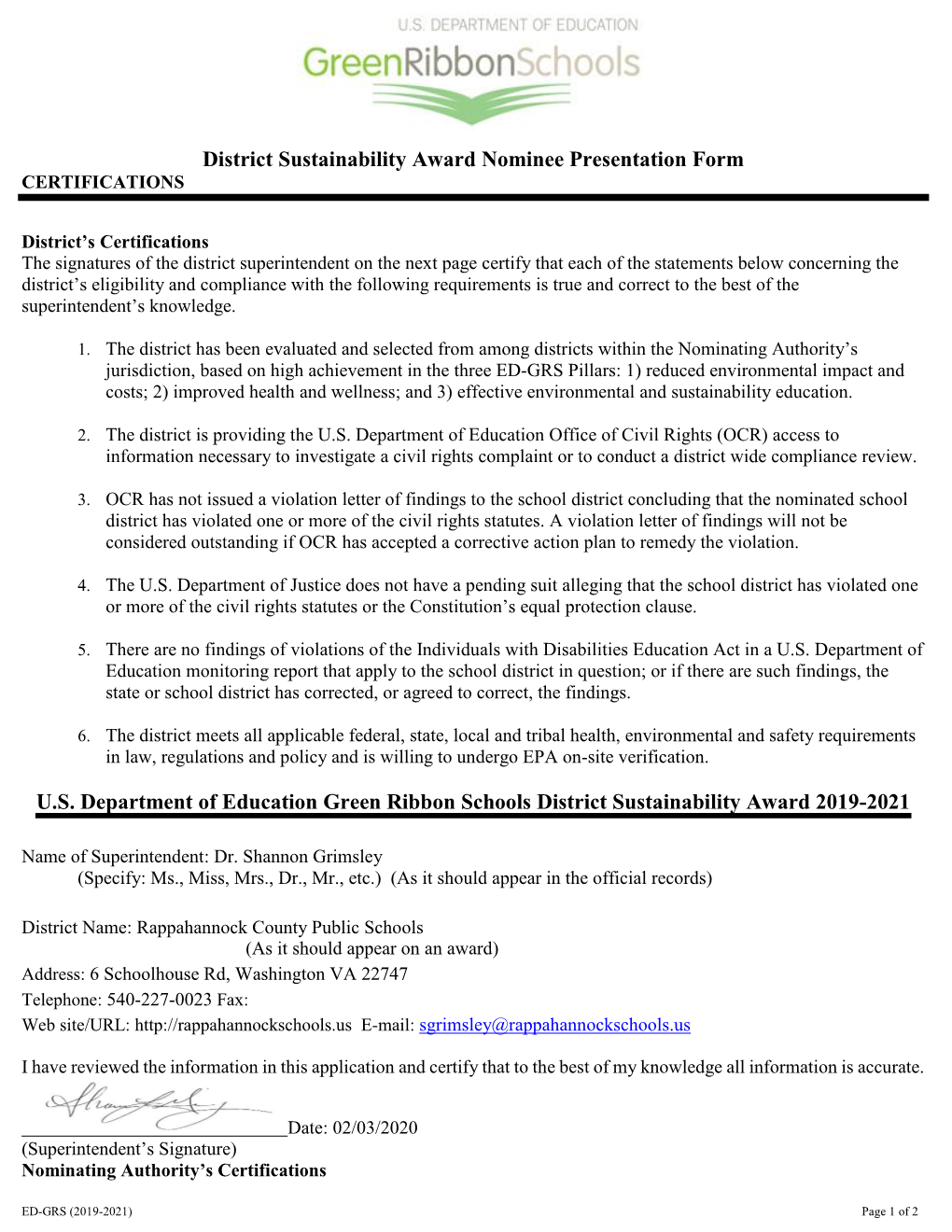 District Sustainability Award Nominee Presentation Form U.S. Department