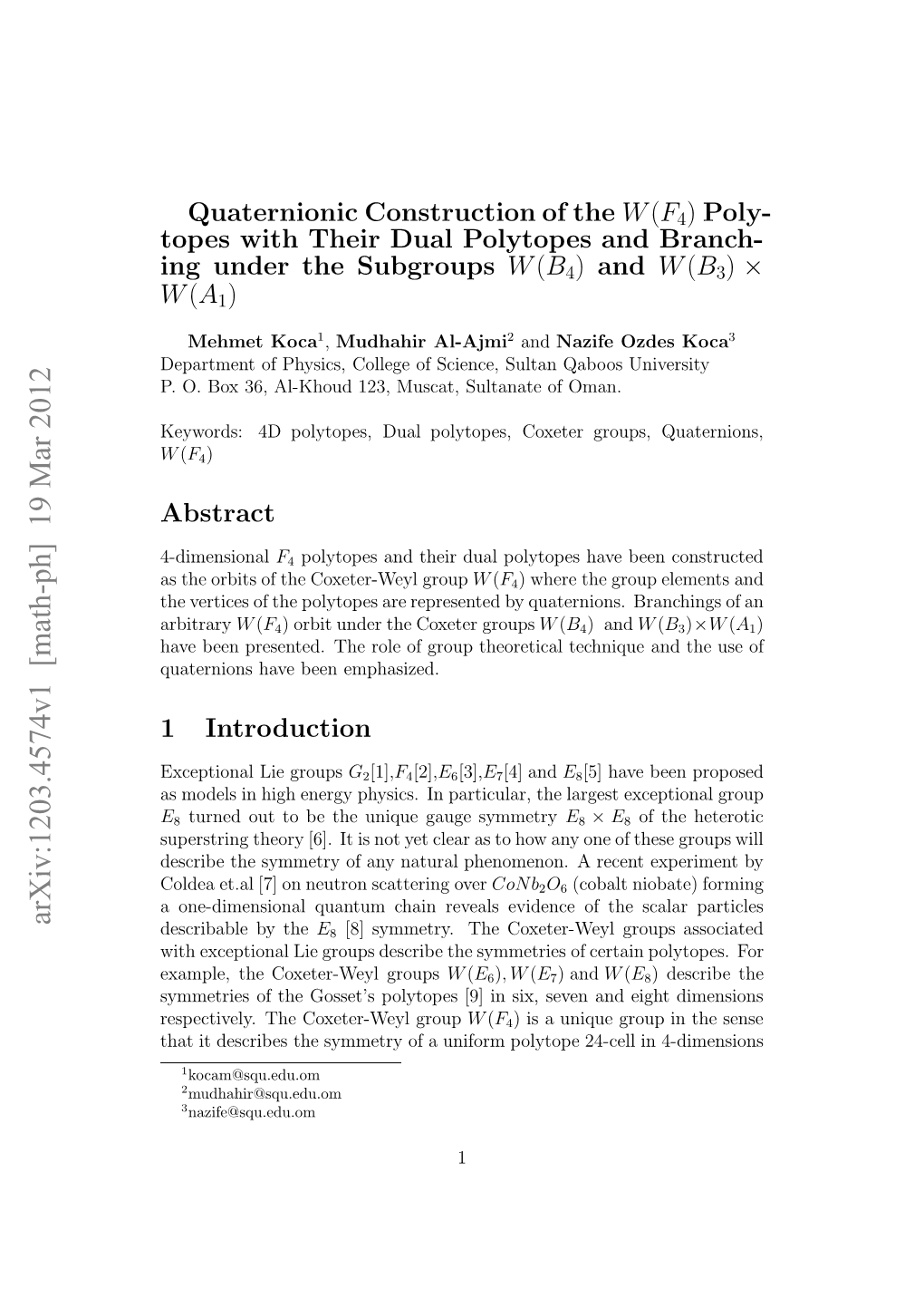 Quaterionic Construction of the W (F 4) Polytopes with Their Dual