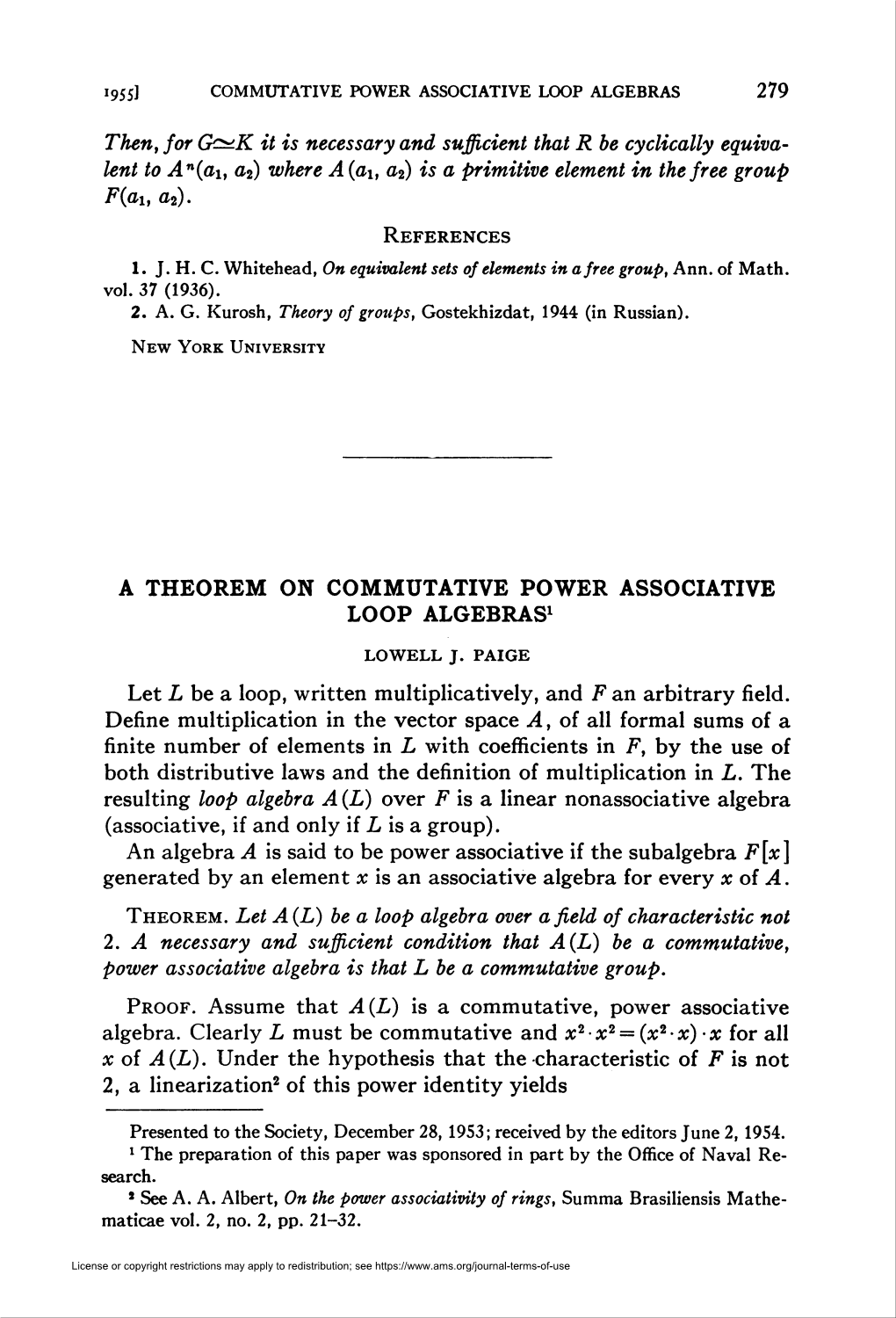 A Theorem on Commutative Power Associative Loop Algebras1