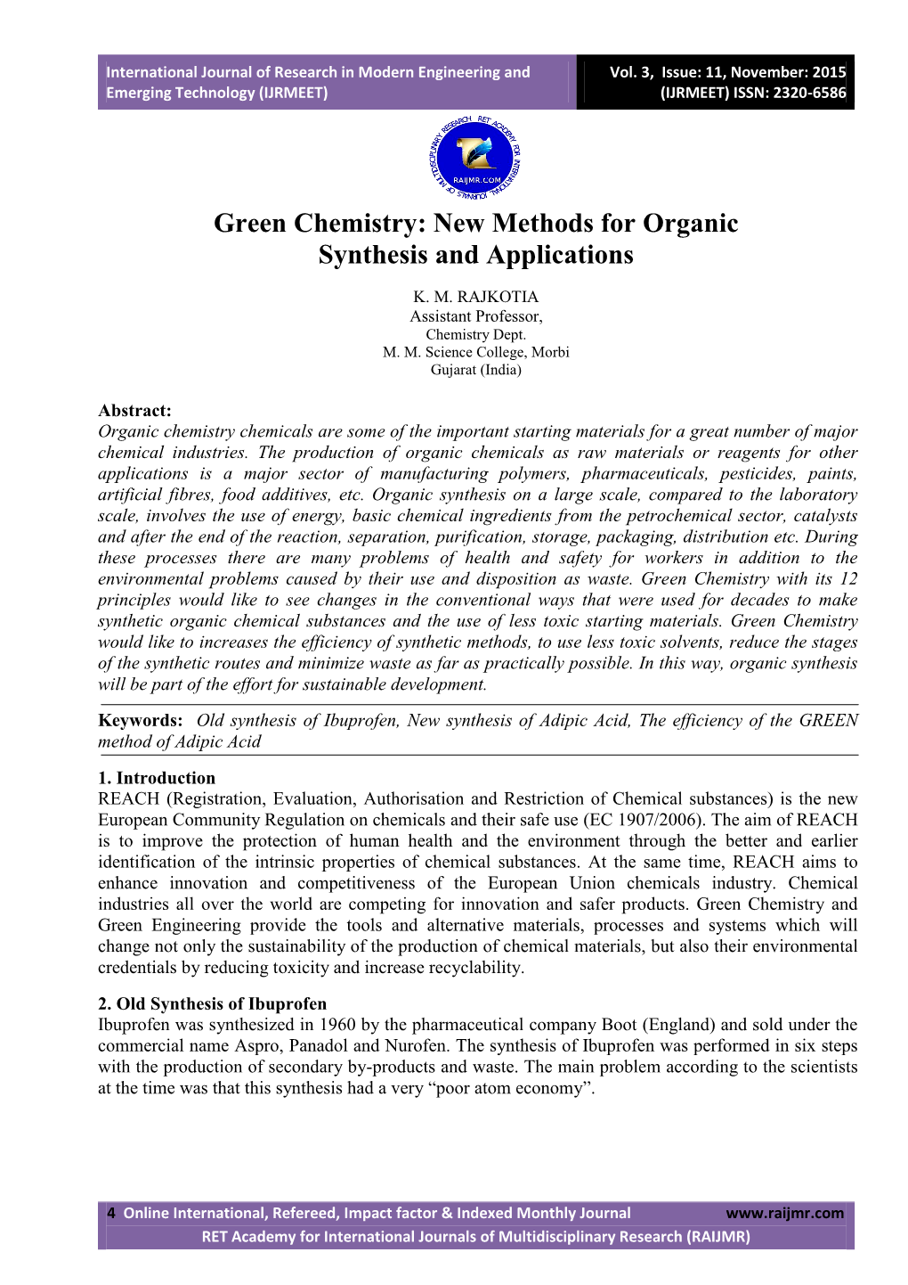 Green Chemistry: New Methods for Organic Synthesis and Applications