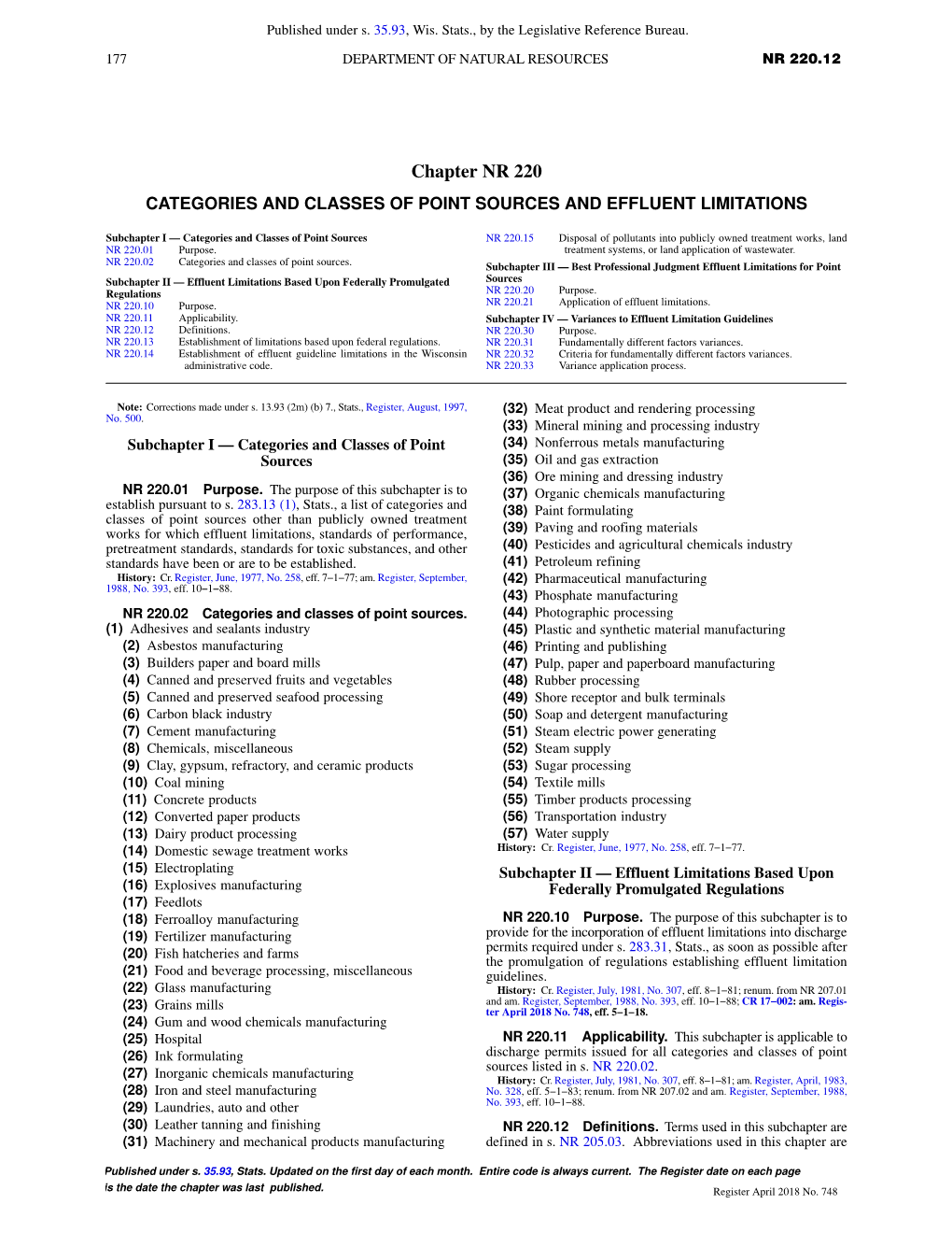 Chapter NR 220 CATEGORIES and CLASSES of POINT SOURCES and EFFLUENT LIMITATIONS