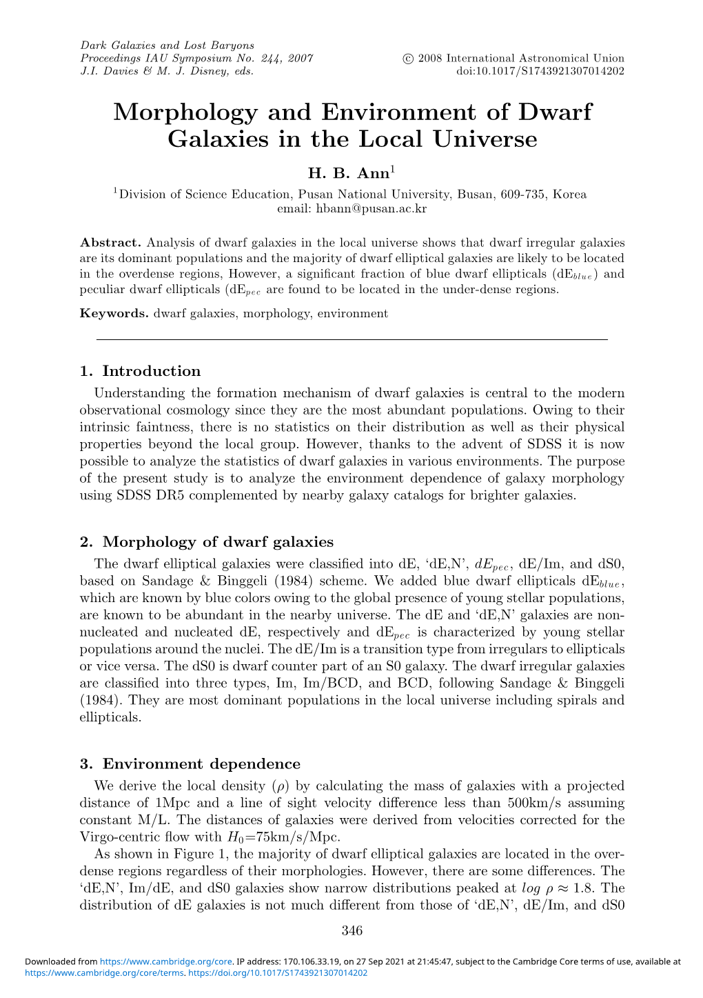 Morphology and Environment of Dwarf Galaxies in the Local Universe H