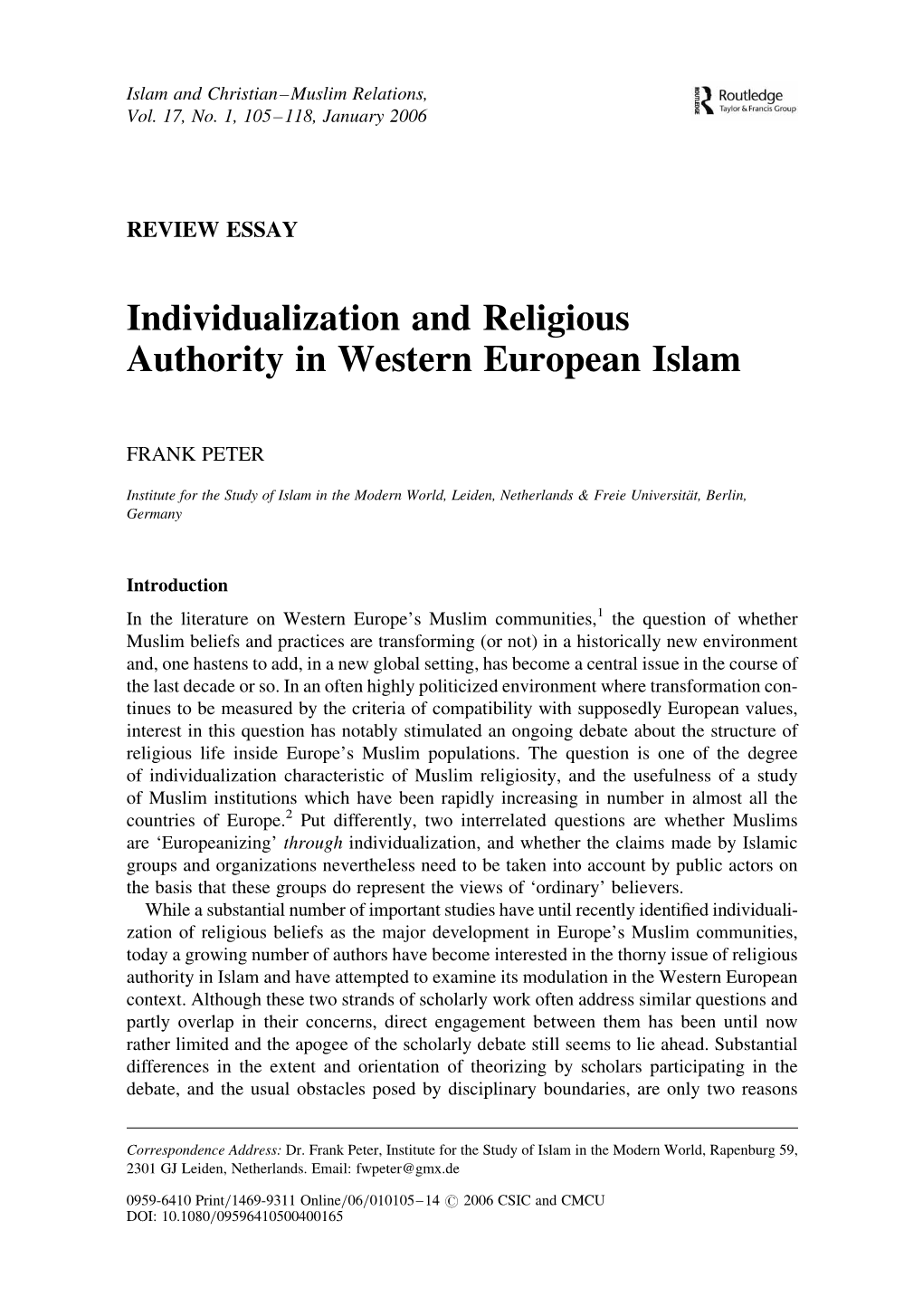 Individualization and Religious Authority in Western European Islam