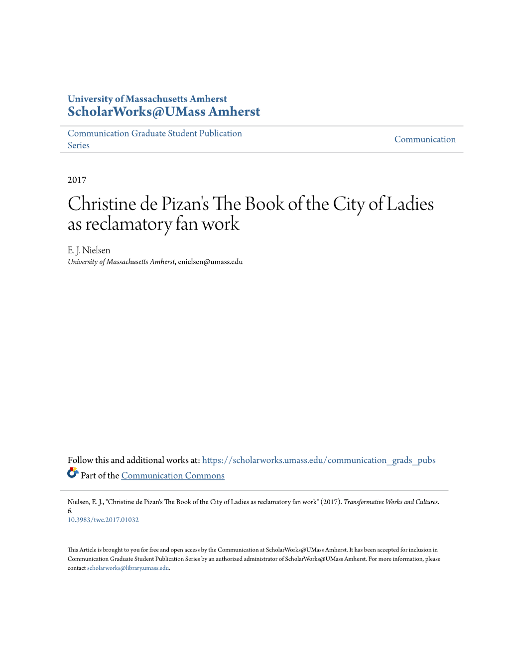 Christine De Pizan's the Book of the City of Ladies As Reclamatory Fan Work E