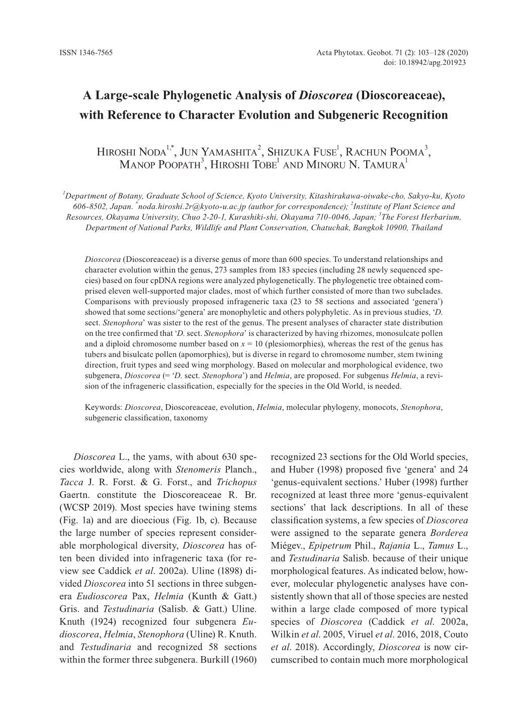 A Large-Scale Phylogenetic Analysis of Dioscorea (Dioscoreaceae), with Reference to Character Evolution and Subgeneric Recognition