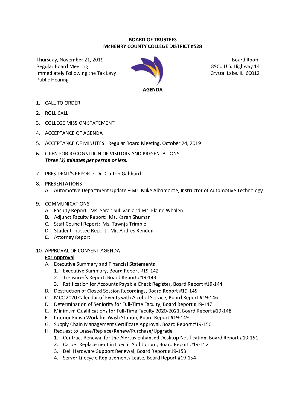 November 21, 2019 Regular Board Meeting Packet