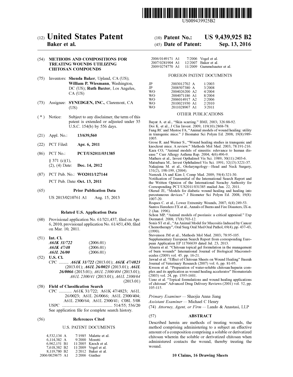 United States Patent (10) Patent No.: US 9,439,925 B2 Baker Et Al