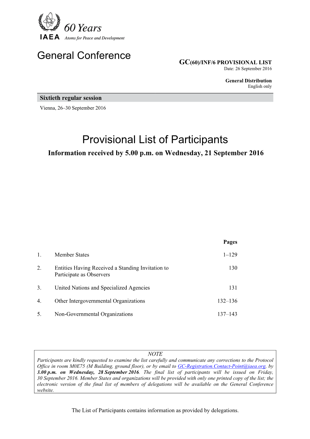 Provisional List of Participants Information Received by 5.00 P.M