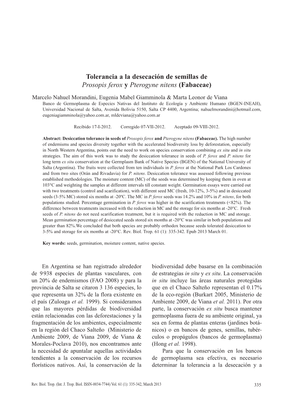 Tolerancia a La Desecación De Semillas De Prosopis Ferox Y Pterogyne Nitens (Fabaceae)