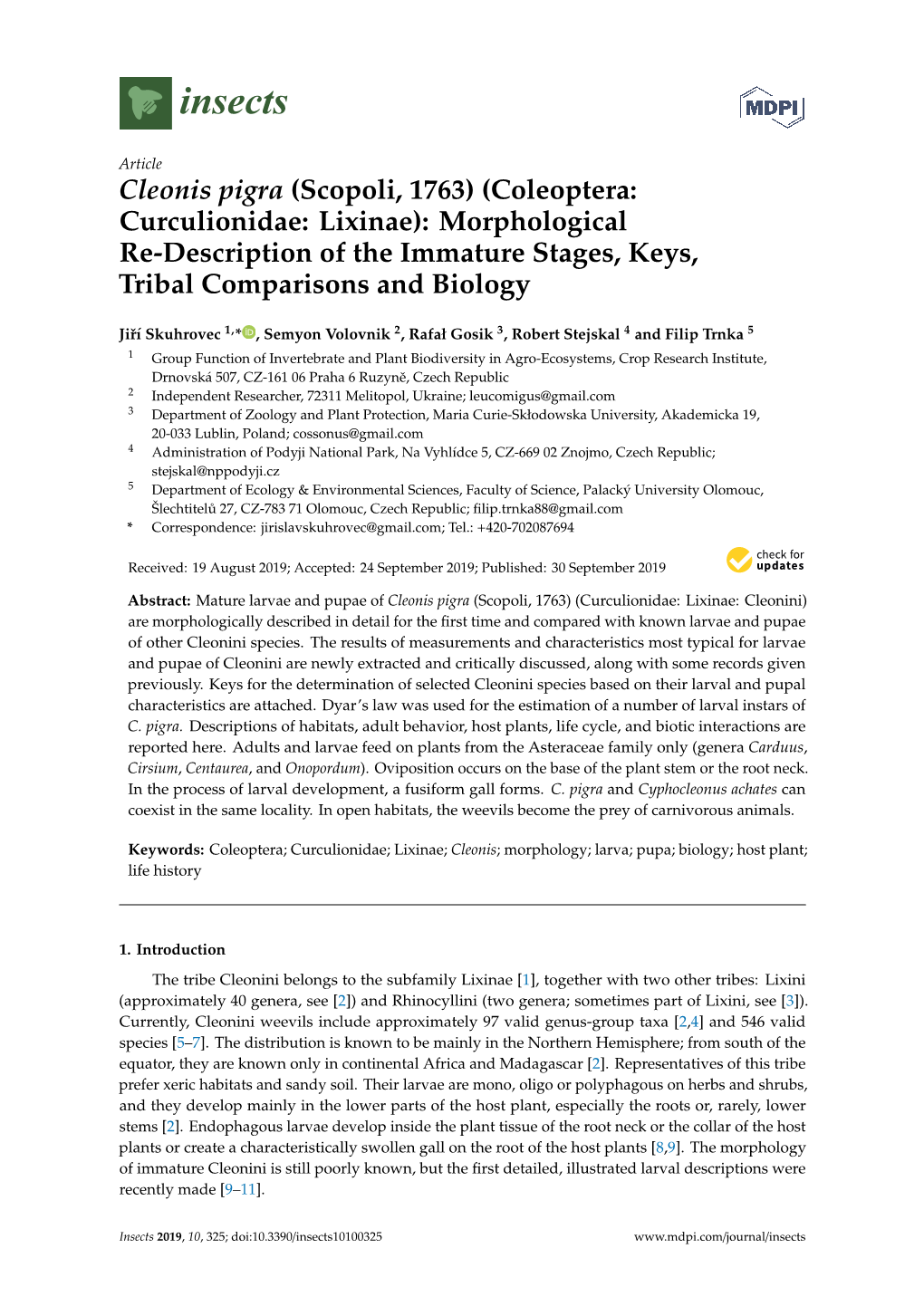 Cleonis Pigra (Scopoli, 1763) (Coleoptera: Curculionidae: Lixinae): Morphological Re-Description of the Immature Stages, Keys, Tribal Comparisons and Biology