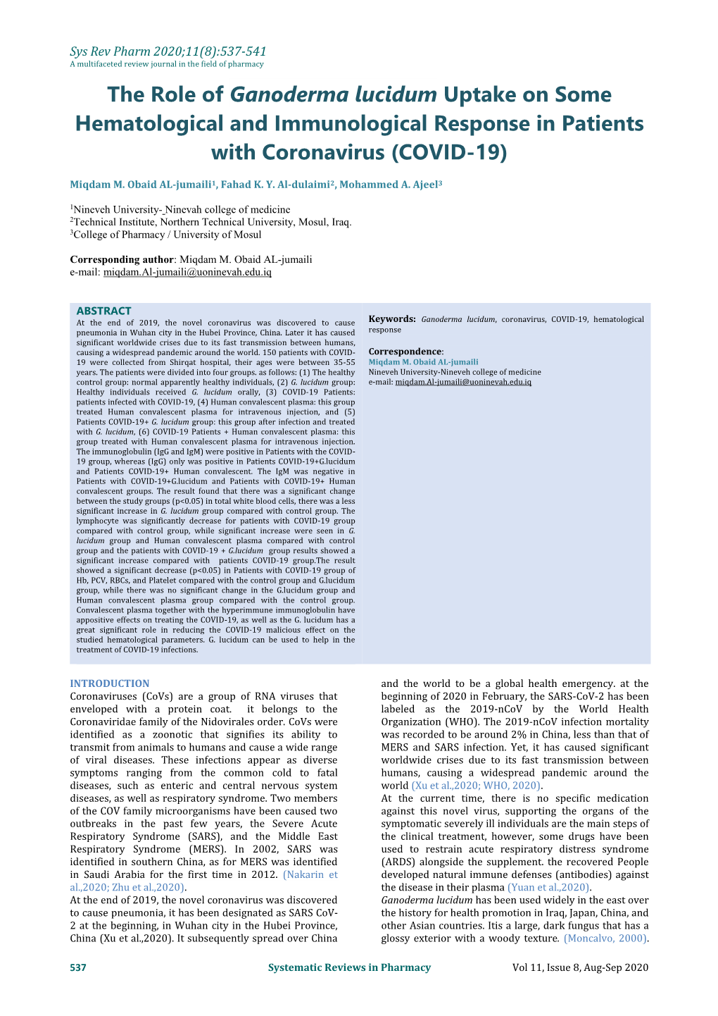 The Role of Ganoderma Lucidum Uptake on Some Hematological and Immunological Response in Patients with Coronavirus (COVID-19)