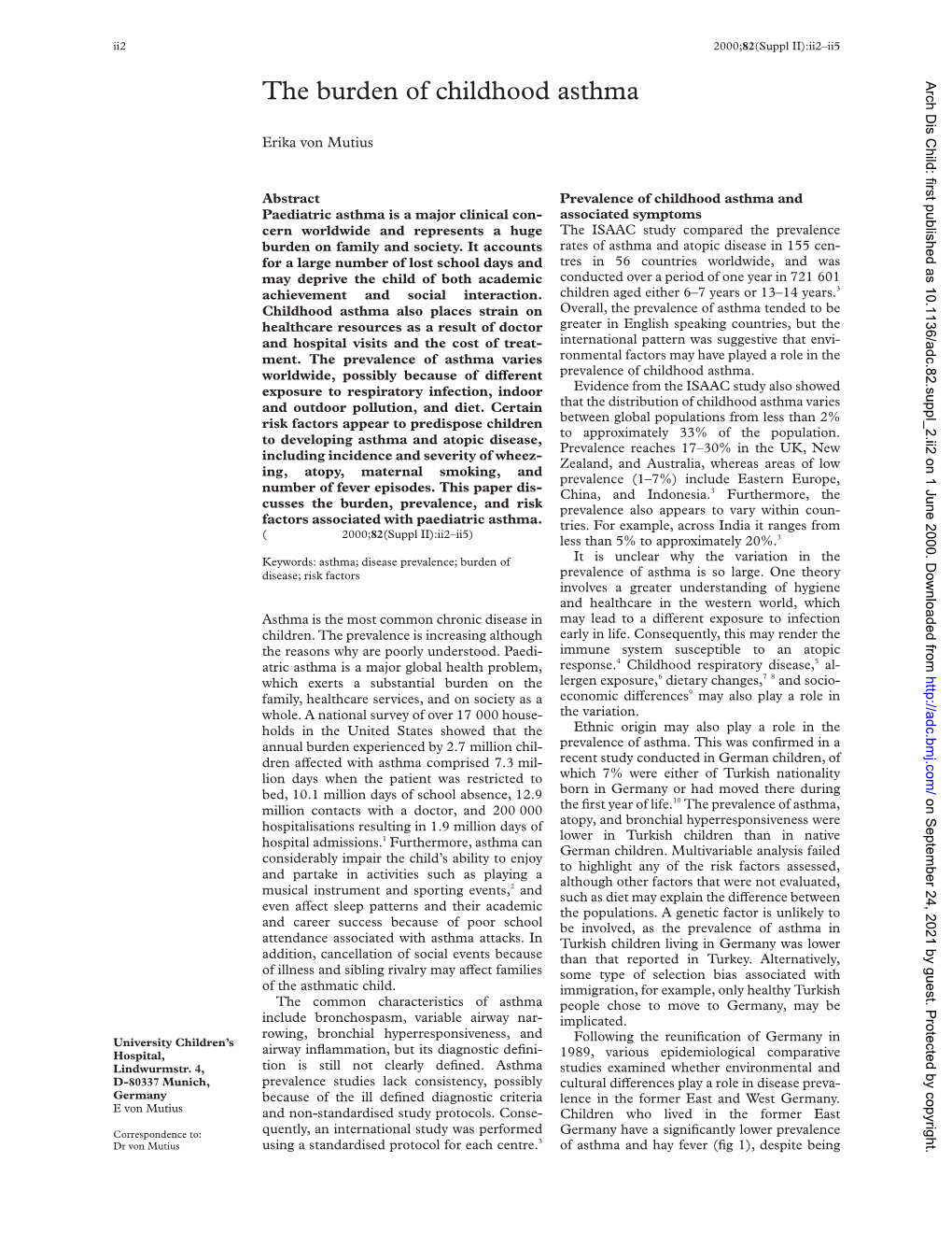 The Burden of Childhood Asthma Arch Dis Child: First Published As 10.1136/Adc.82.Suppl 2.Ii2 on 1 June 2000