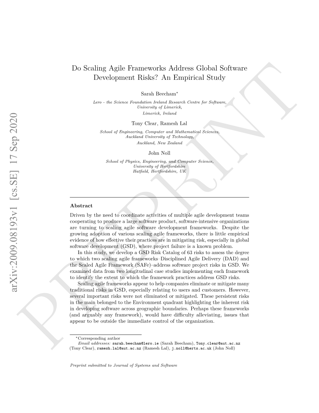 Do Scaling Agile Frameworks Address Global Software Development Risks? an Empirical Study