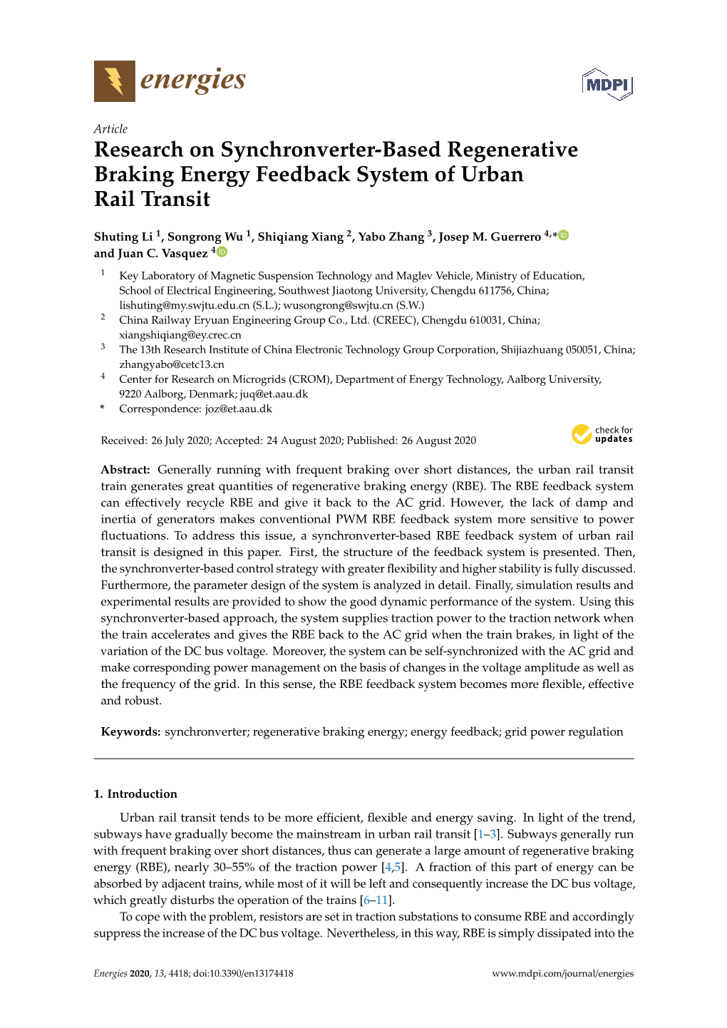 Research on Synchronverter-Based Regenerative Braking Energy Feedback System of Urban Rail Transit