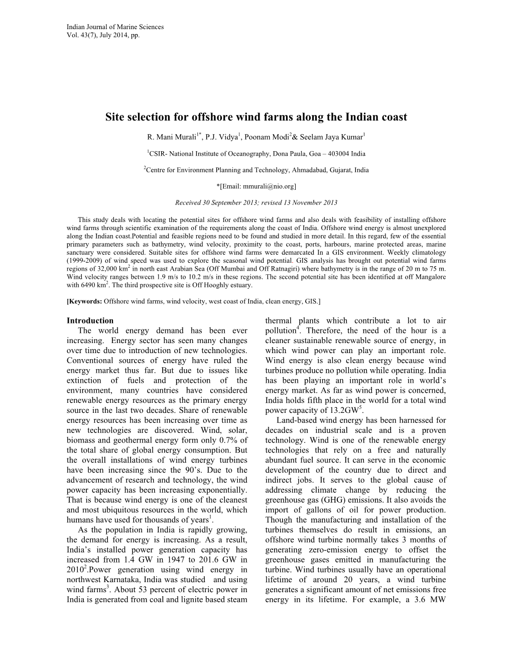 Site Selection for Offshore Wind Farms Along the Indian Coast