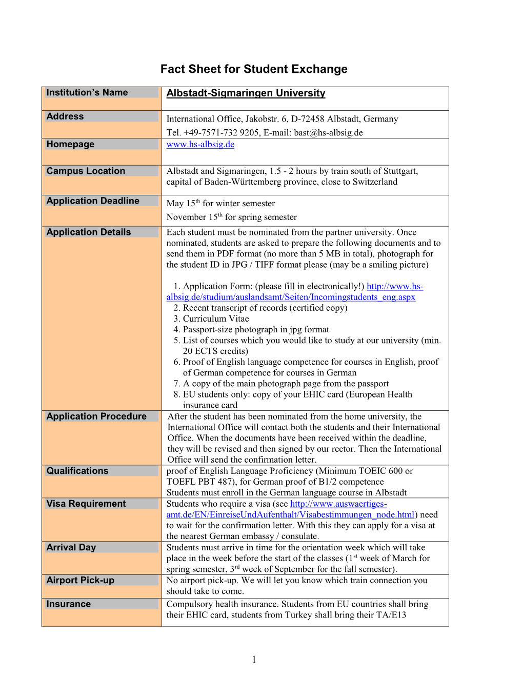 Fact Sheet for Student Exchange