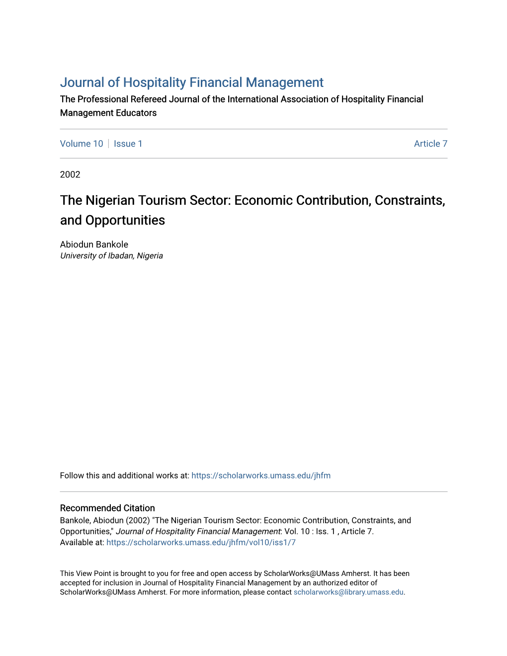 The Nigerian Tourism Sector: Economic Contribution, Constraints, and Opportunities