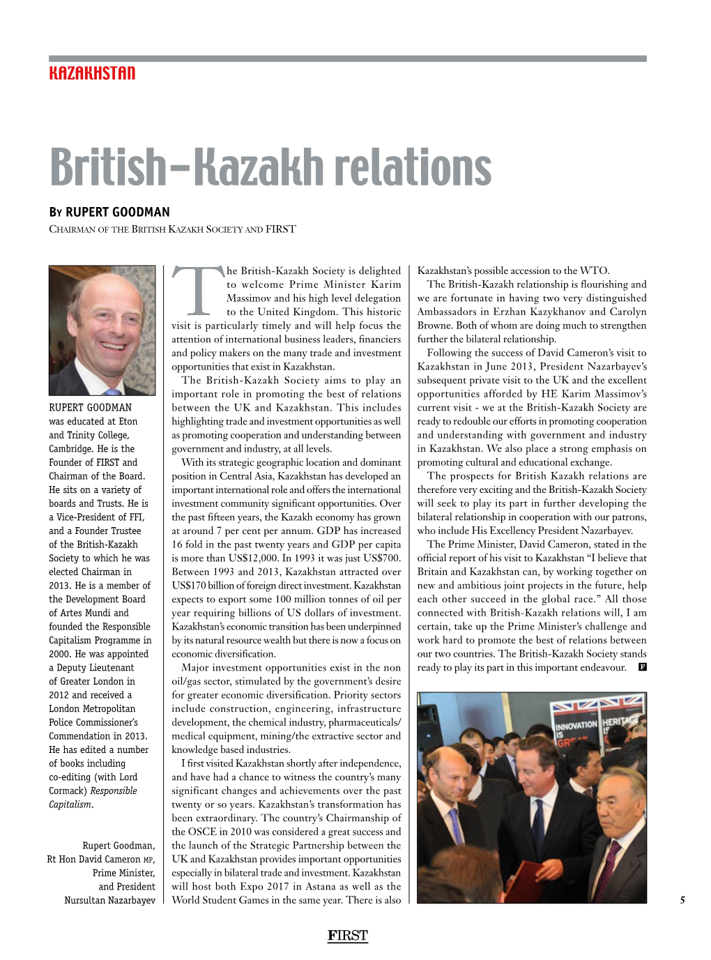 British-Kazakh Relations by RUPERT GOODMAN Chairman of the British Kazakh Society and FIRST