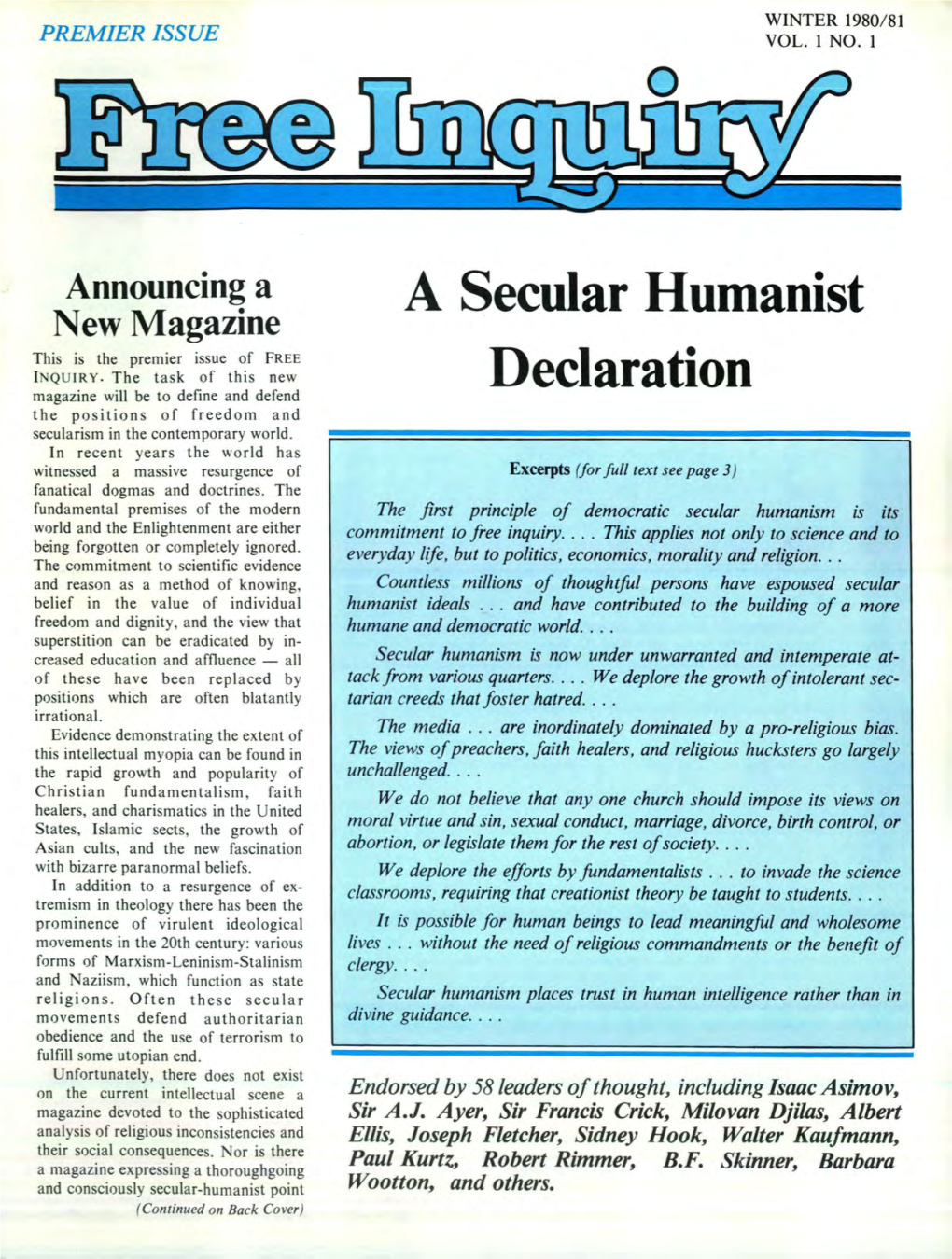 A Secular Humanist Declaration Devoted Primarily to a Defense of Democratic Secular Humanism