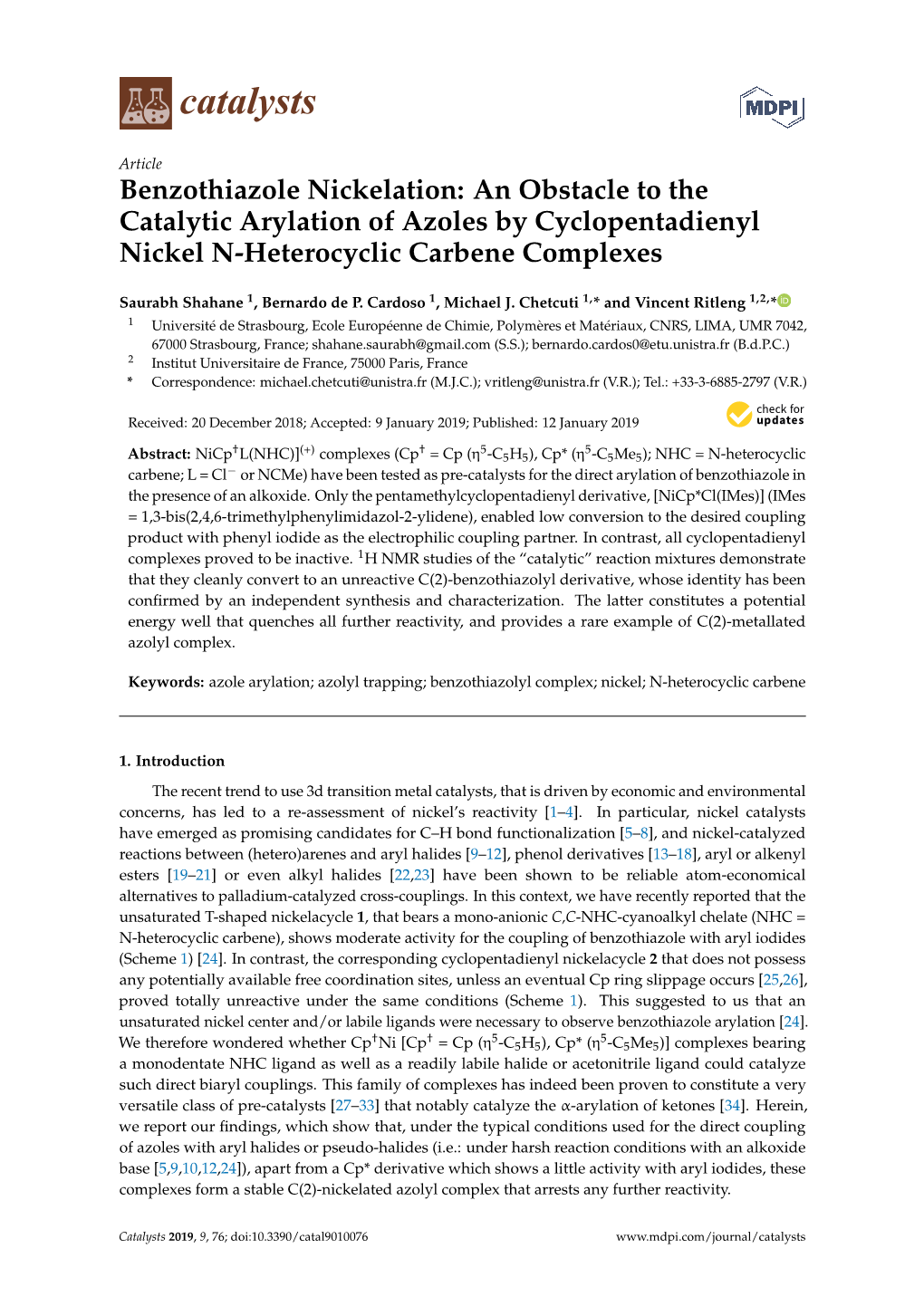 Benzothiazole Nickelation: an Obstacle to the Catalytic Arylation of Azoles by Cyclopentadienyl Nickel N-Heterocyclic Carbene Complexes