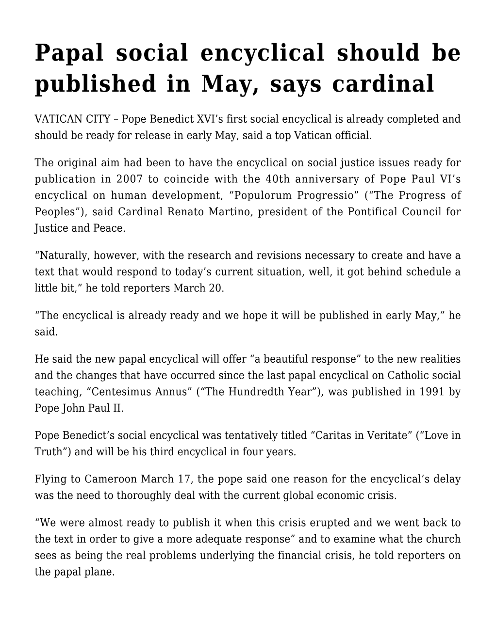 Papal Social Encyclical Should Be Published in May, Says Cardinal
