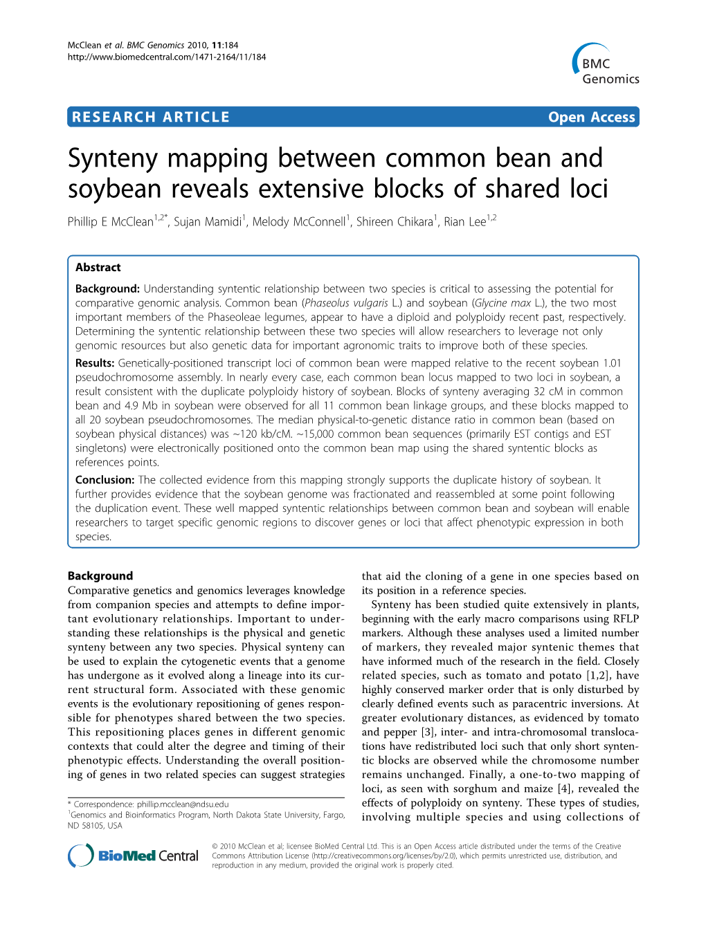 Synteny Mapping Between Common Bean and Soybean Reveals Extensive Blocks of Shared Loci